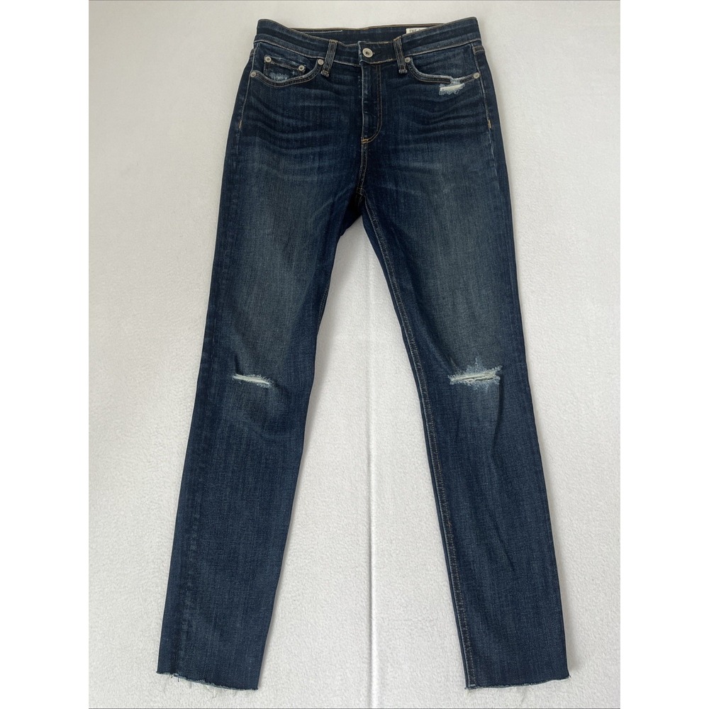 Rag & Bone Jean Womens 27 Nina High Rise Ankle Skinny Raw Hem Distressed Dark